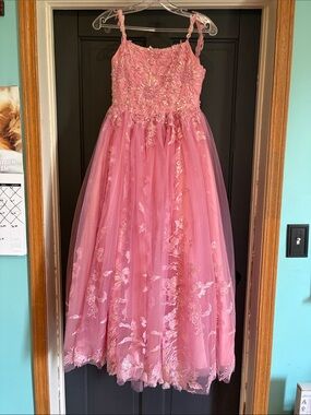 Girls' Pink Floral Lace Tulle Dress - Formal Party Gown